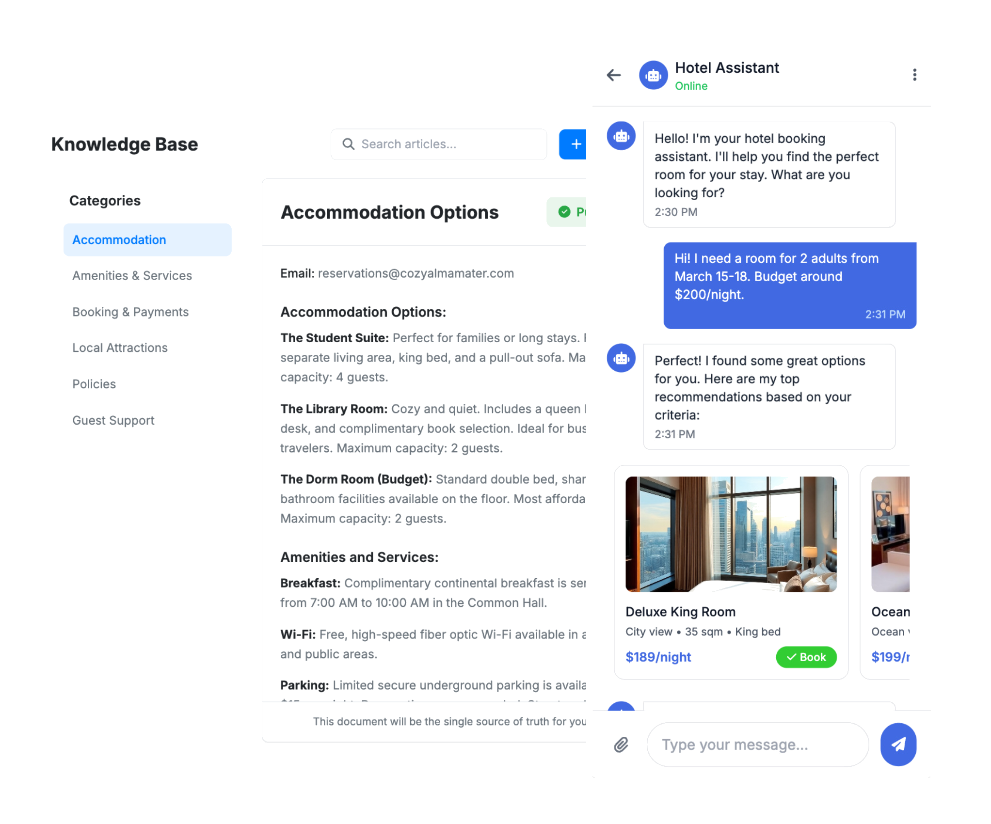 Chat-based booking interface with room cards and instant answers