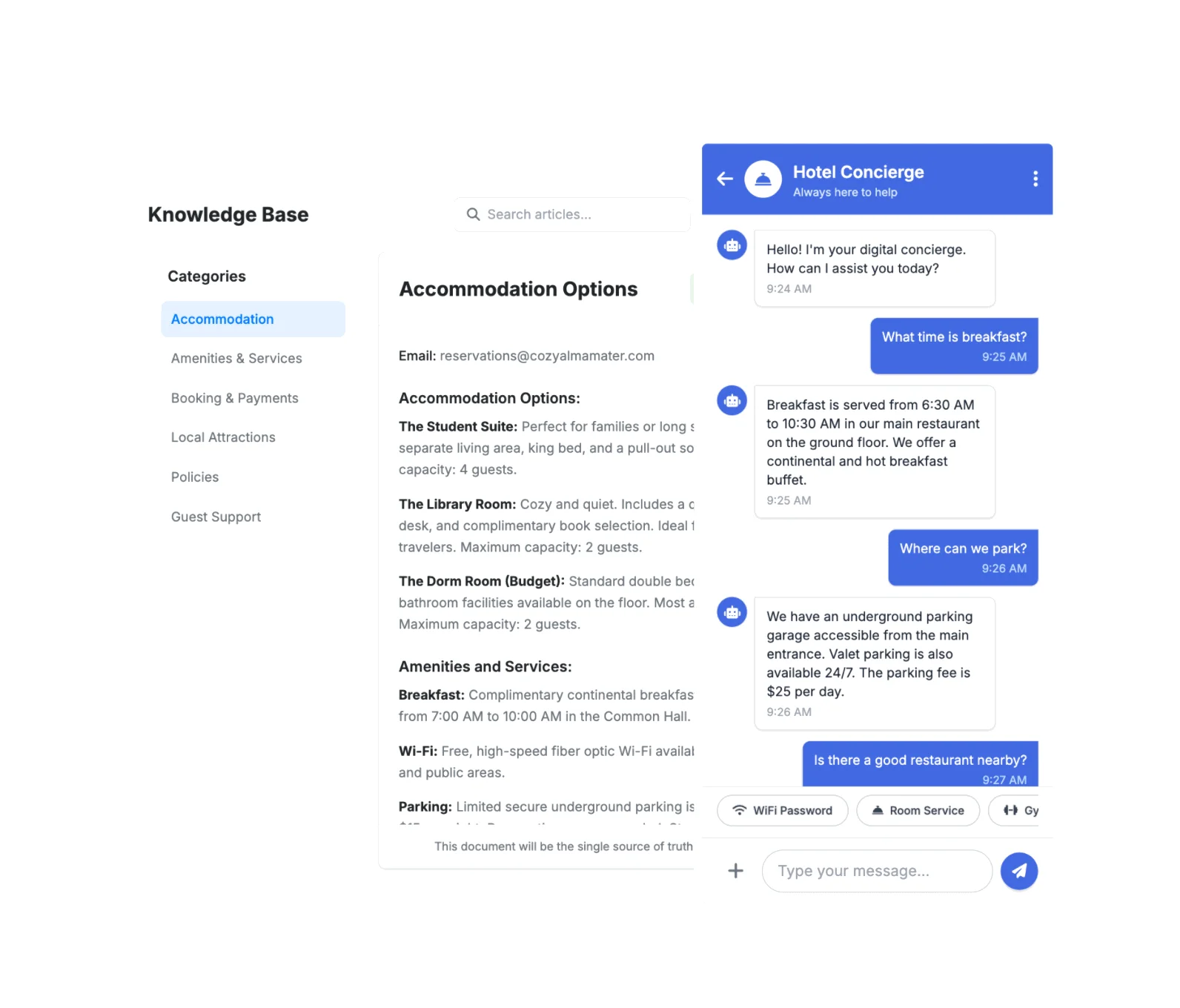 Chat interface showing instant replies to guest questions
