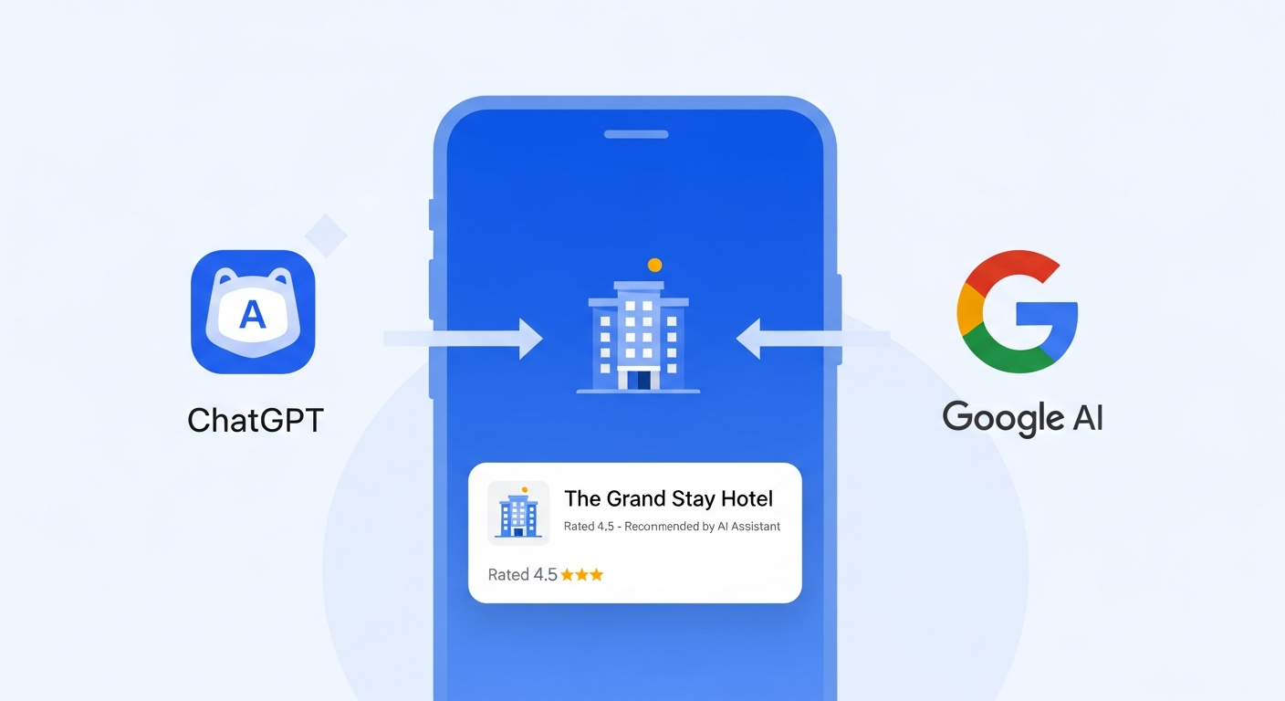 An illustration showing a hotel appearing in an AI assistant's search results