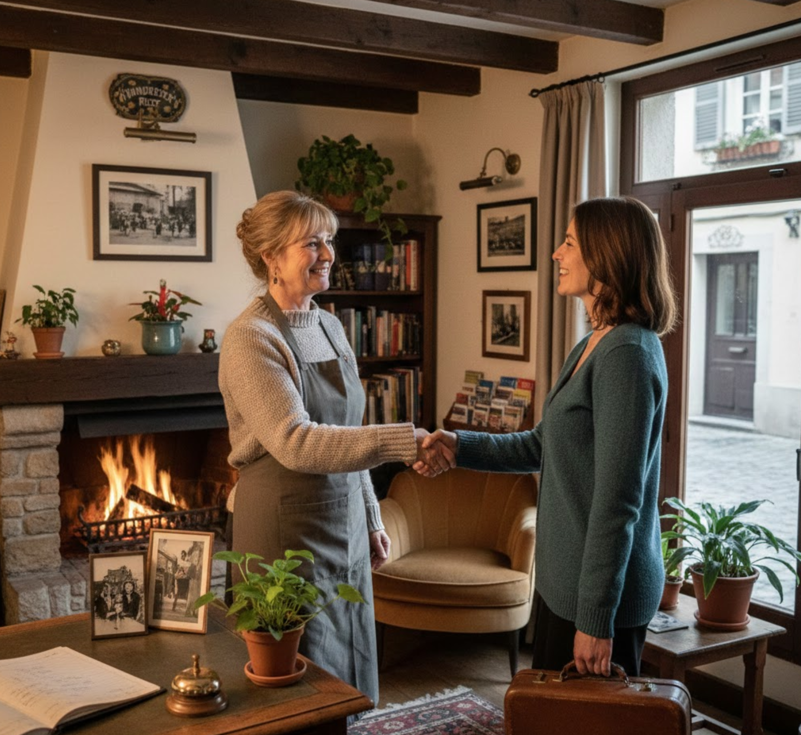Hotel owner warmly greeting a returning guest in a cozy boutique hotel lobby