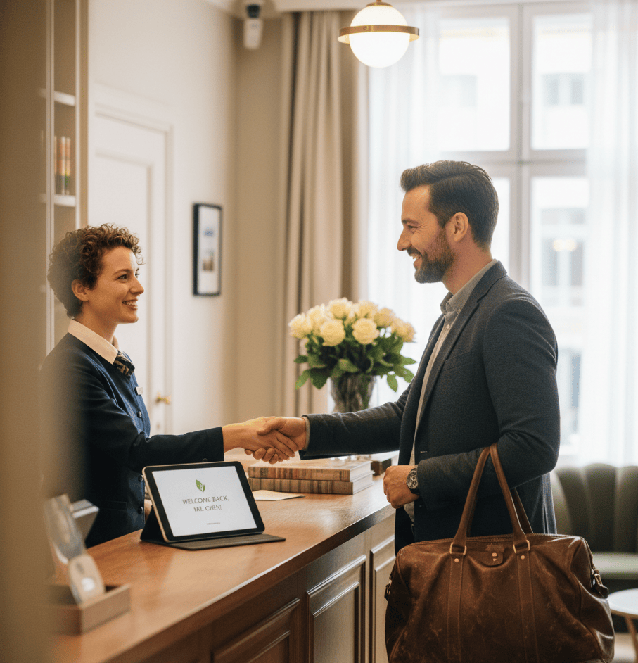 Hotel staff welcoming guest at check-in