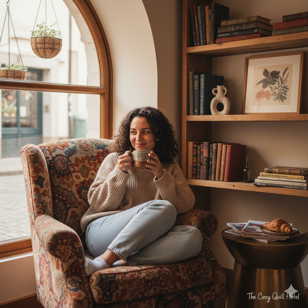 Guest enjoying cozy hotel experience