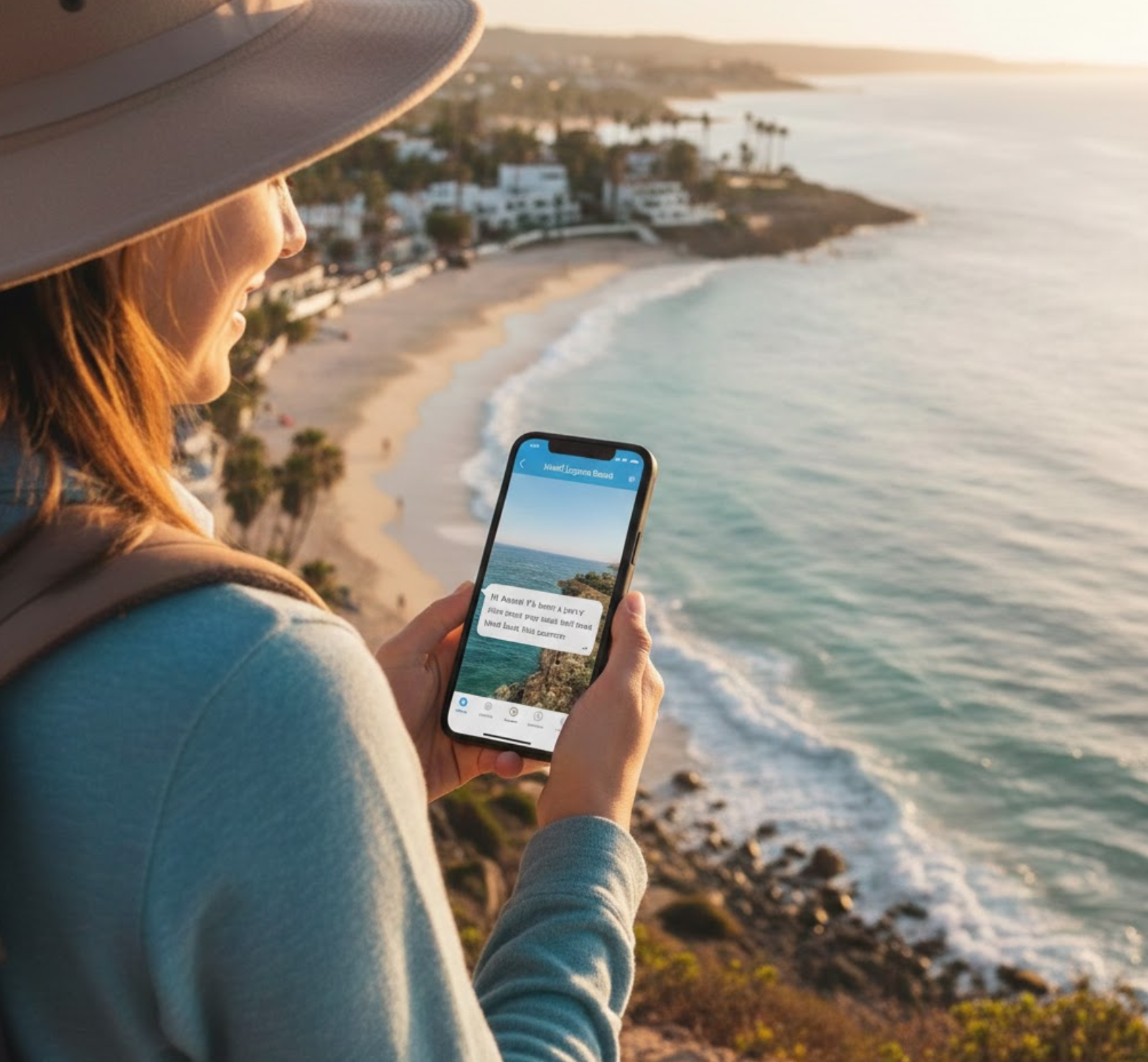 Guest reading a personalized hotel message on her phone at a scenic beach viewpoint