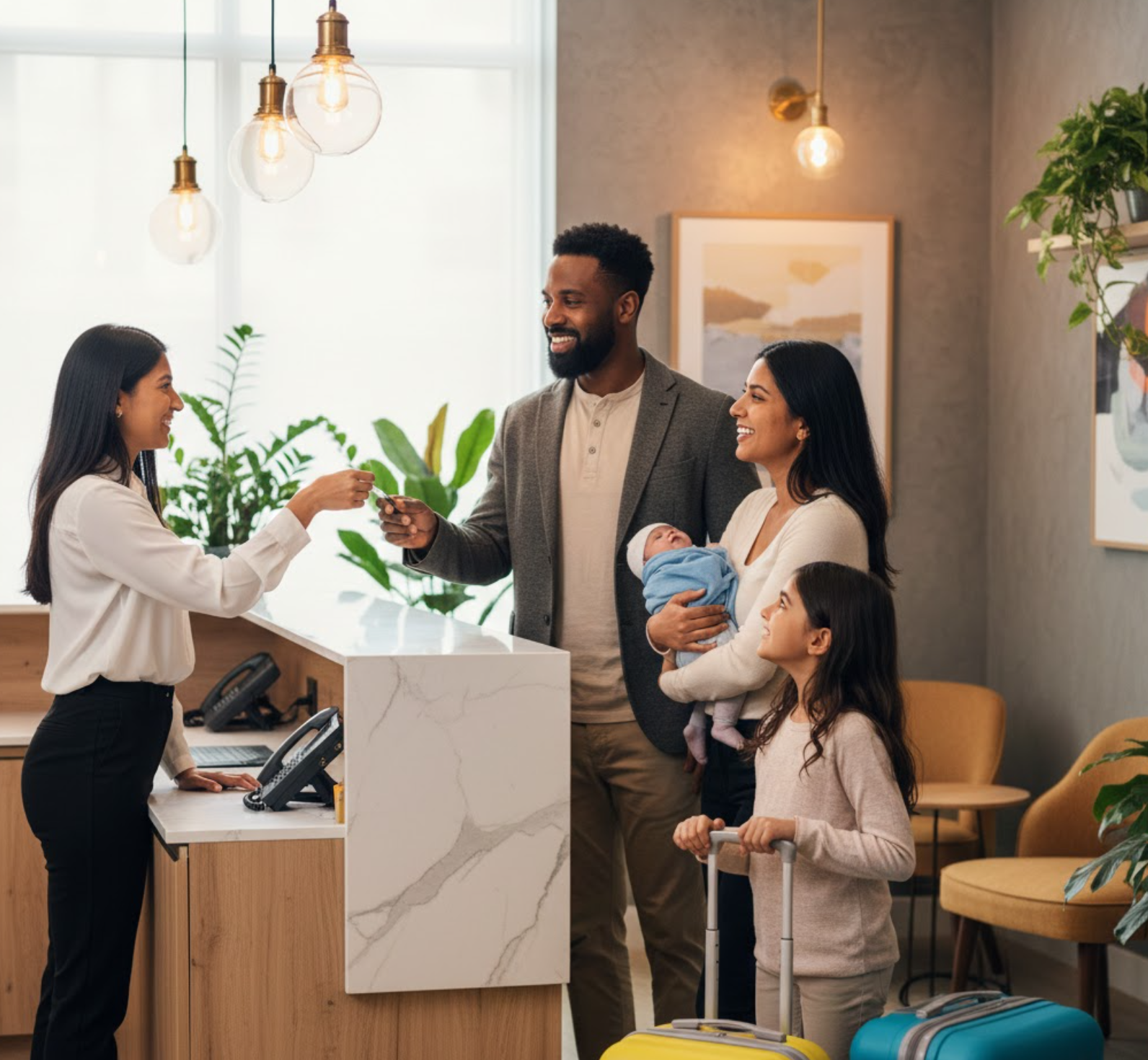 Happy family checking in at a hotel reception