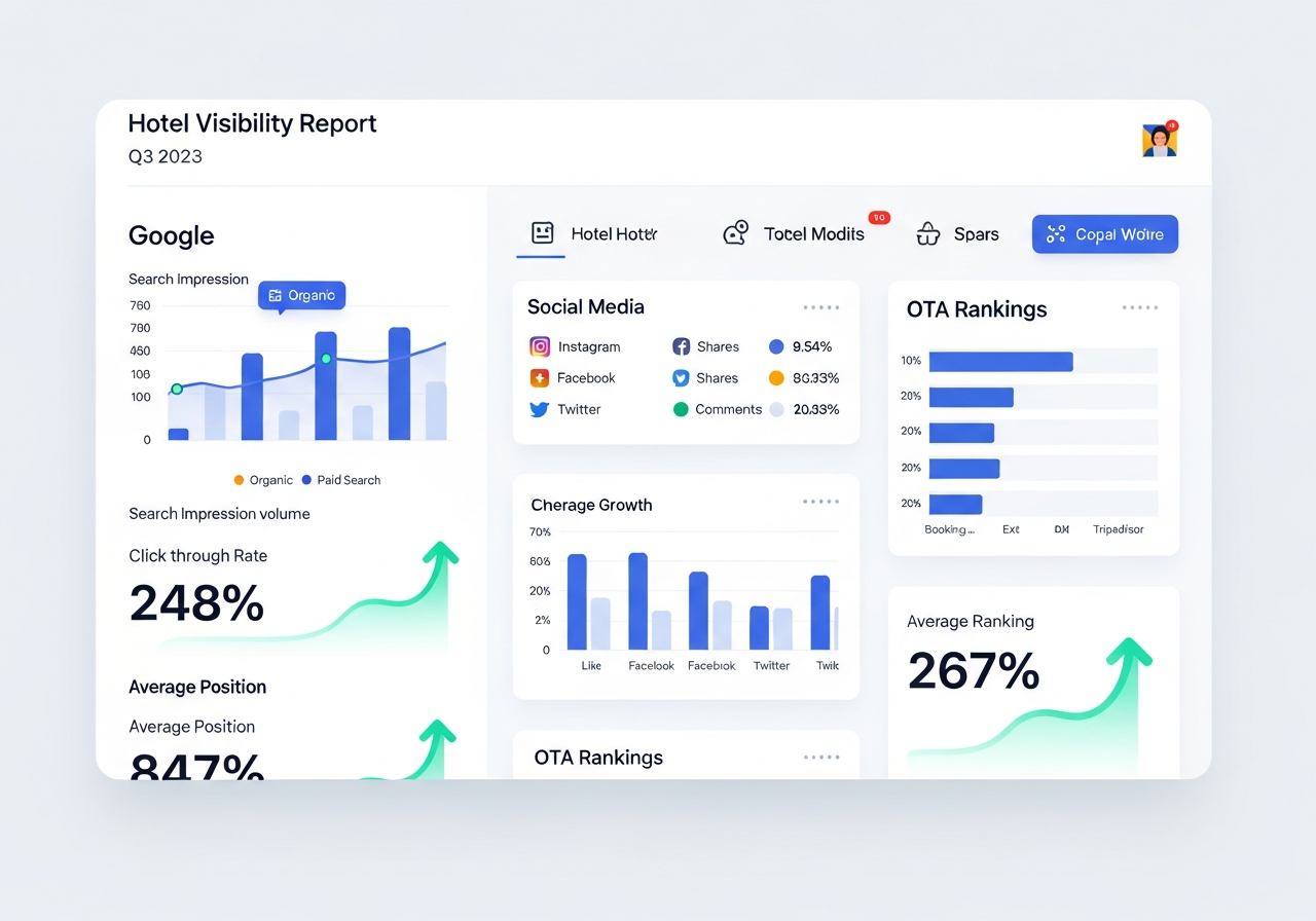 A report showing a hotel's visibility score and SEO recommendations